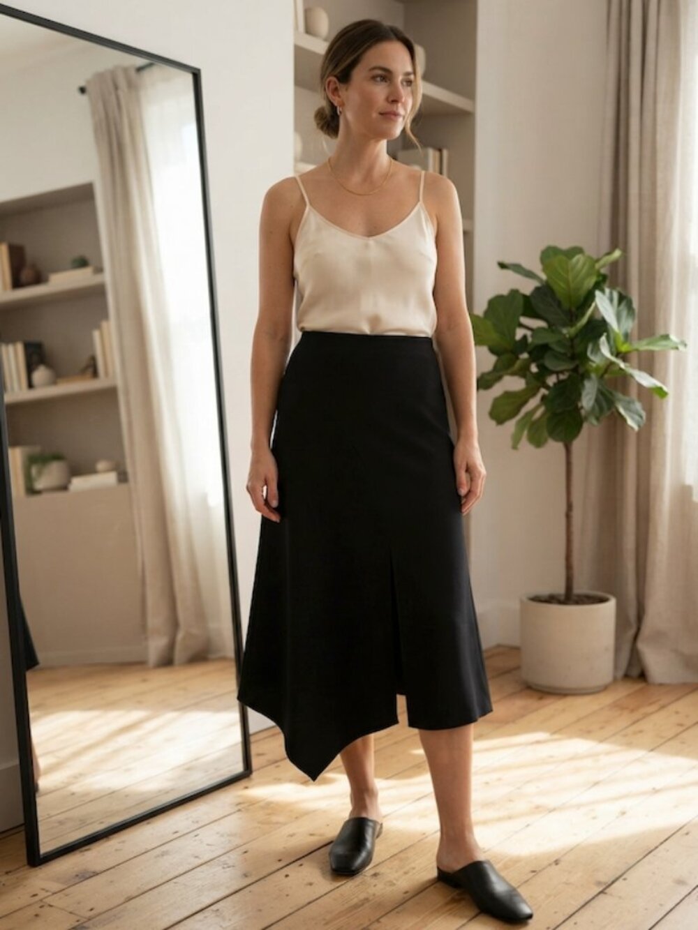 Zara Asymmetric Midi Skirt Split Hem Minimalist Black Large